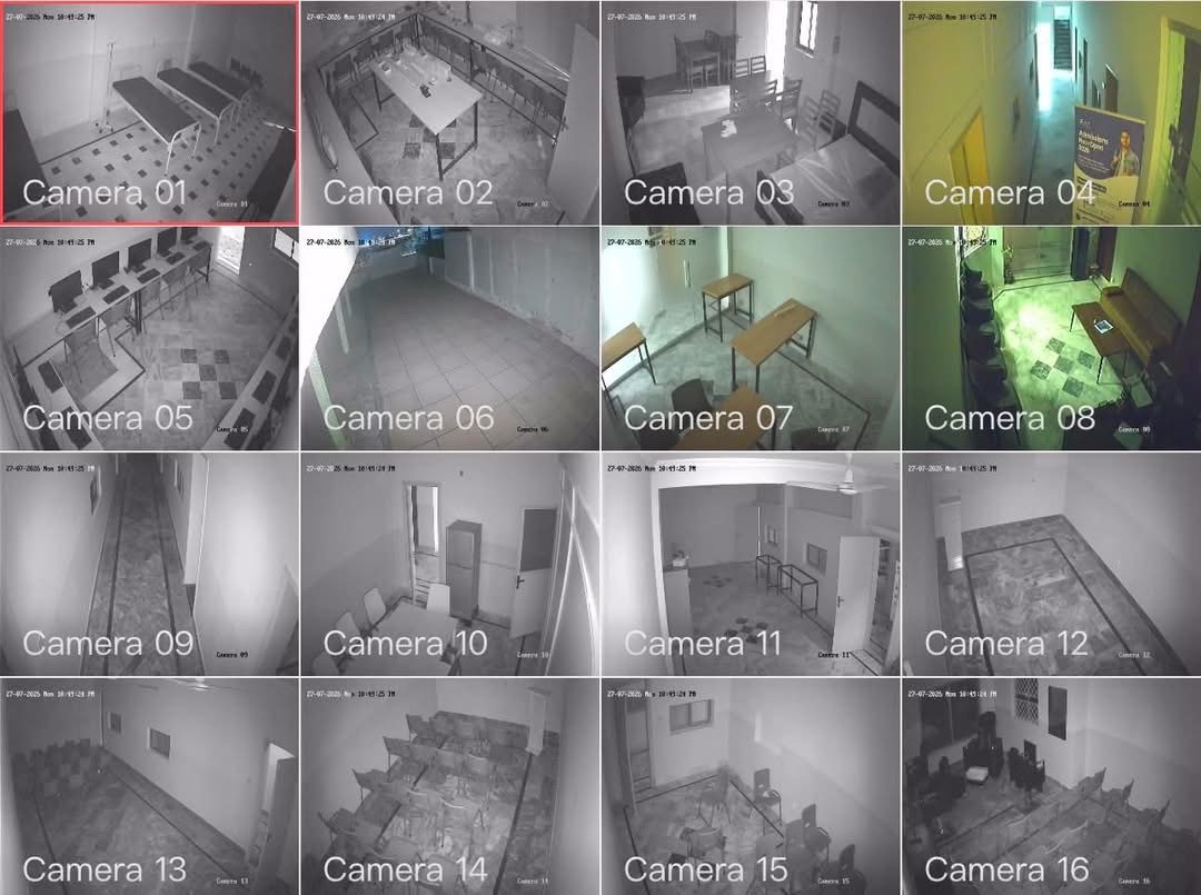 CCTV grid of 16 empty classroom cameras (camera clock reads 27-07-2025)
