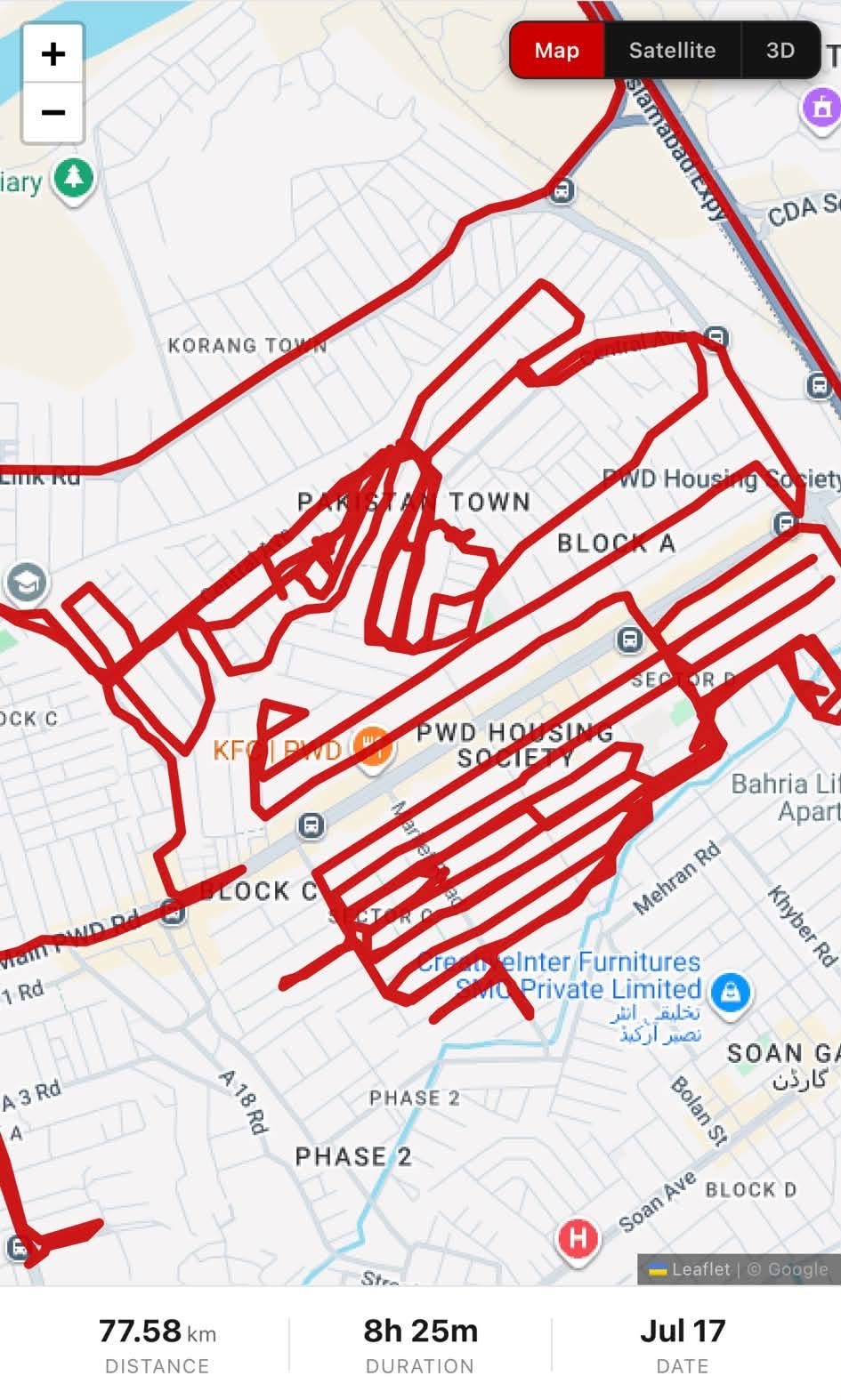 GPS map of flyer distribution trip #3869 around PWD, 17 Jul 2026 (77.58 km, 8h 25m)