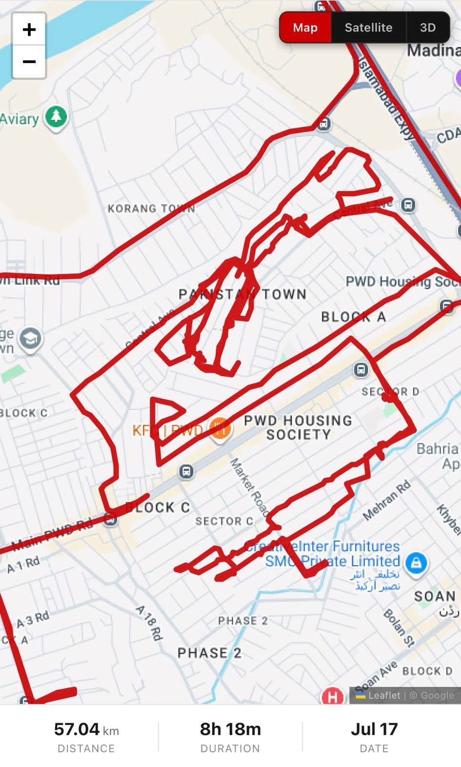 GPS map of flyer distribution trip #3870 around PWD, 17 Jul 2026 (57.04 km, 8h 18m)