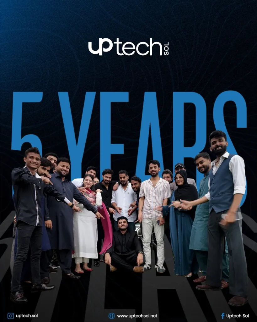 Uptech Sol 5 Years anniversary graphic with a group photo of the team